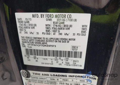 2013 Ford F-150 Xlt from USA, damaged, VIN 1FTFW1CF7DKE97573